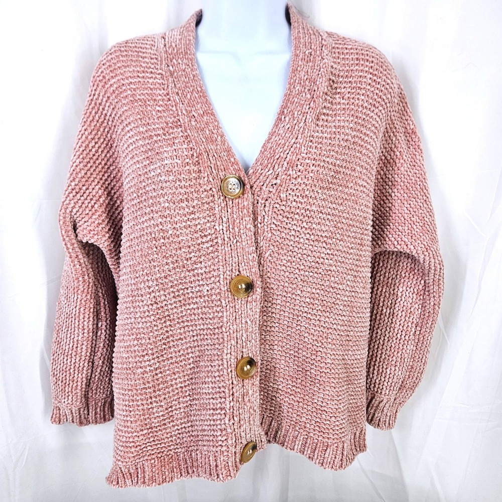JODIFL Pink Chenille Knit Button Front Cardigan Oversized Sweater Small Womens